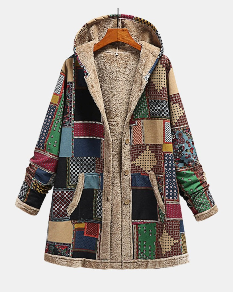 Efterår | Jordnær Patchwork Hyggelig Hættejakke 